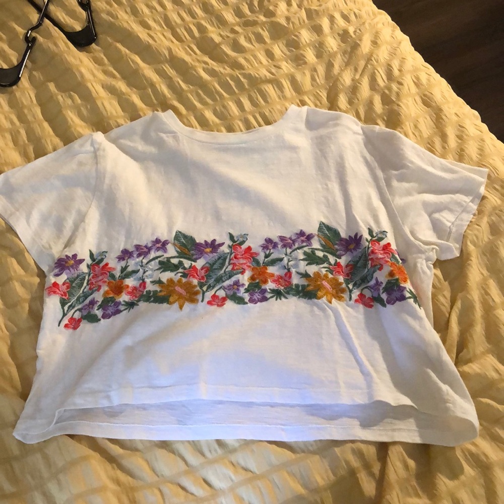 White and floral embroidered crop top
